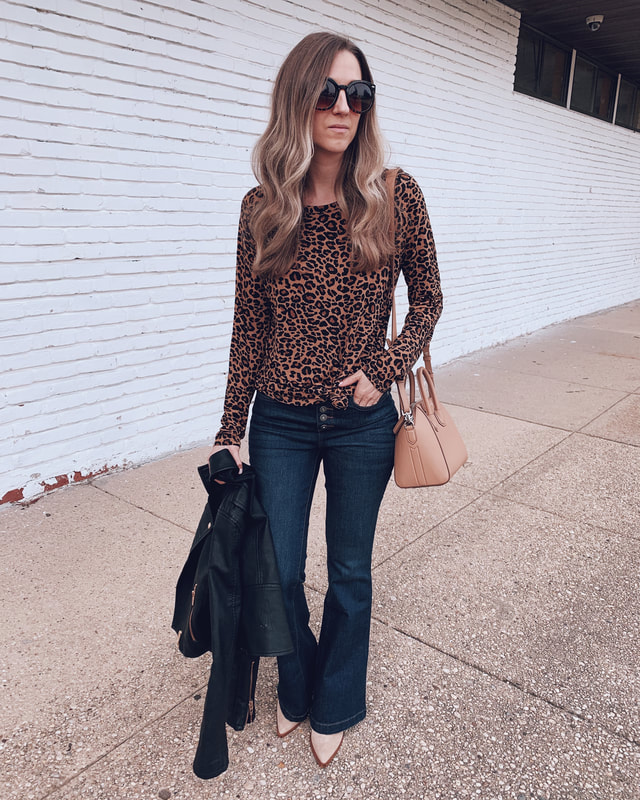 work wear teacher jeans outfit back to school leopard top