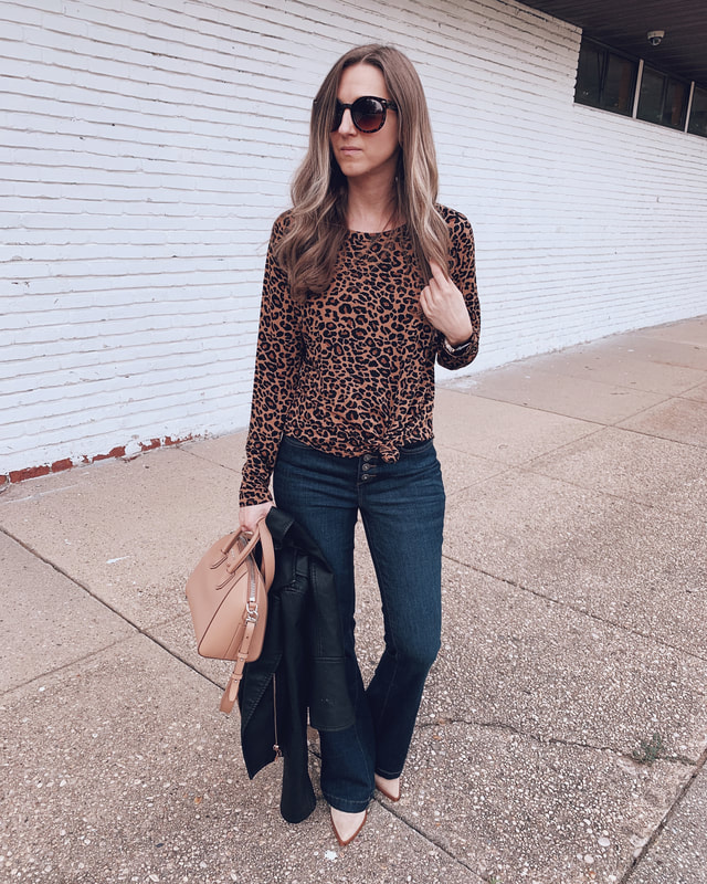 work wear teacher jeans outfit back to school leopard top