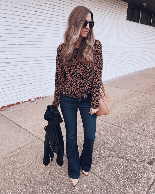 work wear teacher jeans outfit back to school leopard top