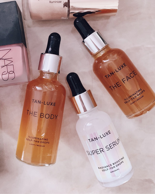 tan-luxe self tan drops for body and face, tan-luxe super serum radiance boosting self-tan gradual drops, sunless tanning routine and best self-tanner products, how to use