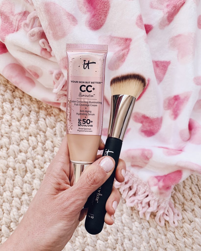 It cosmetics cc+ cream illumination SPF 50 with the heavenly bye bye foundation makeup brush for beautiful, glowy, hydrated skin