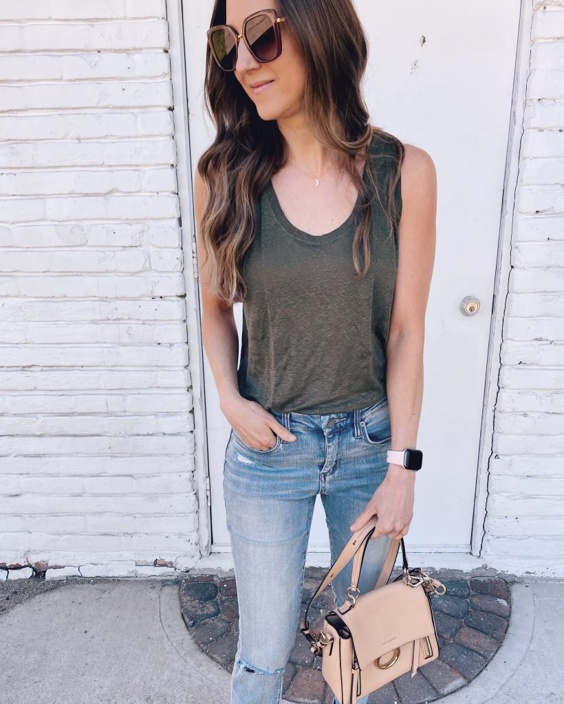 express easy tank top summer outfit with blue jeans Chloe handbag