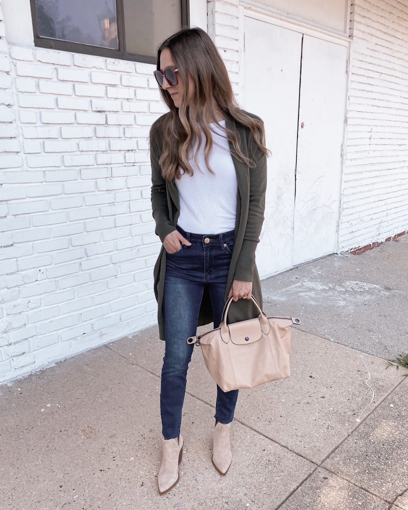 nordstrom anniversary sale outfit Leith cozy long cardigan olive night color with blue jeans