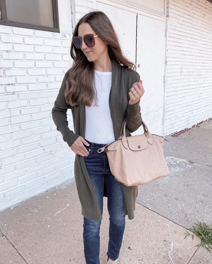 nordstrom anniversary sale outfit Leith cozy long cardigan olive night color with blue jeans