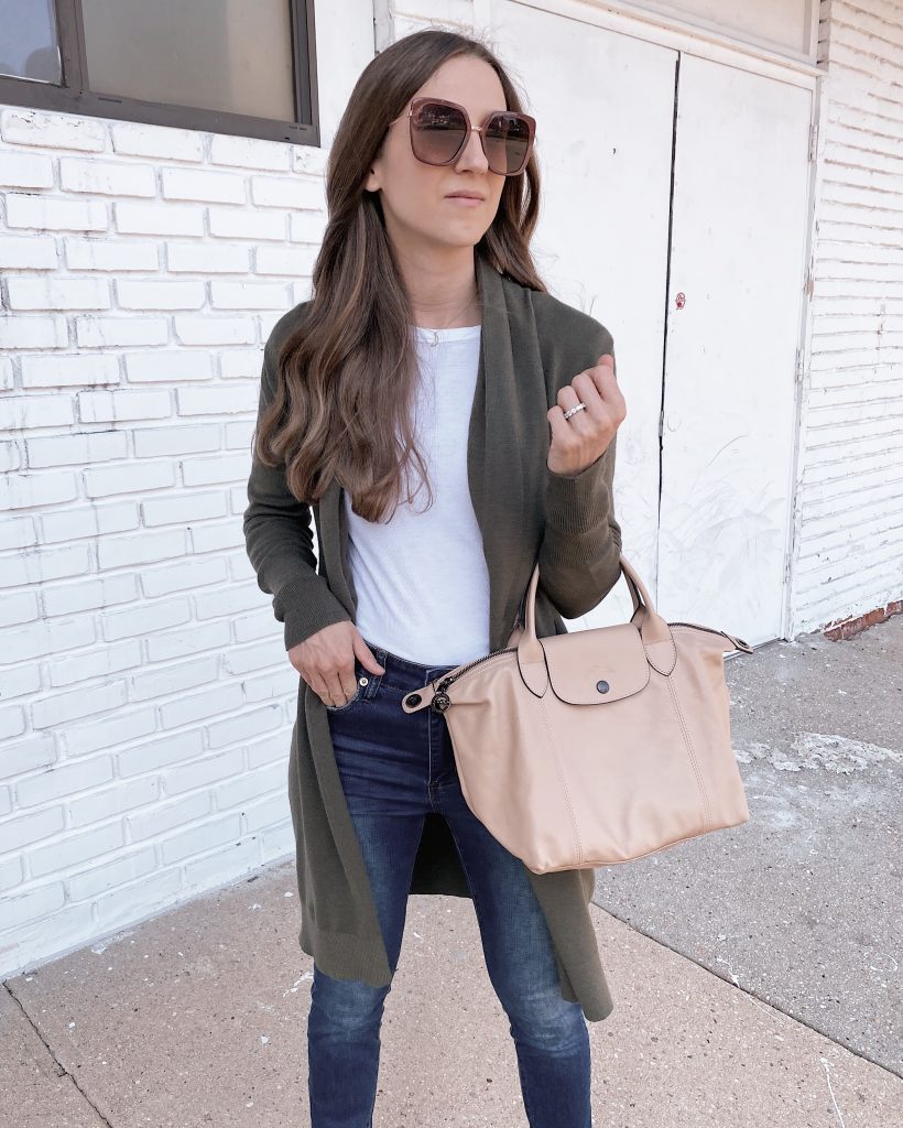 nordstrom anniversary sale outfit Leith cozy long cardigan olive night color with blue jeans
