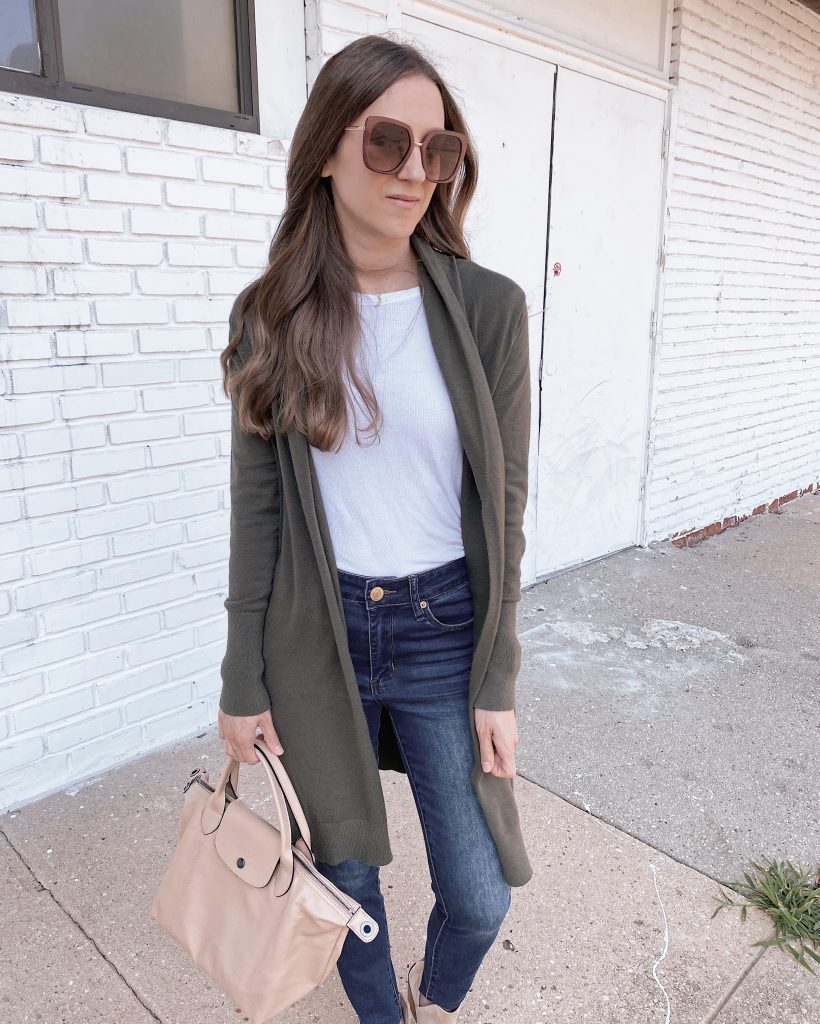 nordstrom anniversary sale outfit Leith cozy long cardigan olive night color with blue jeans