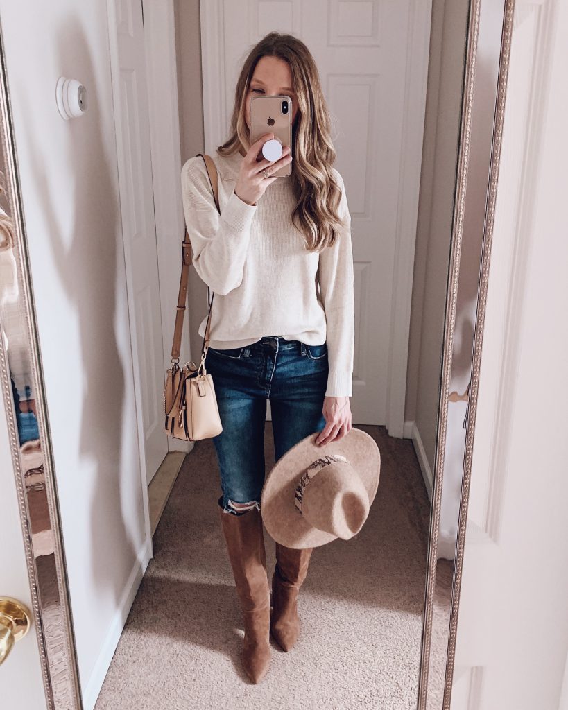 nordstrom anniversary sale outfit BP white crewneck top with blue jeans suede boots