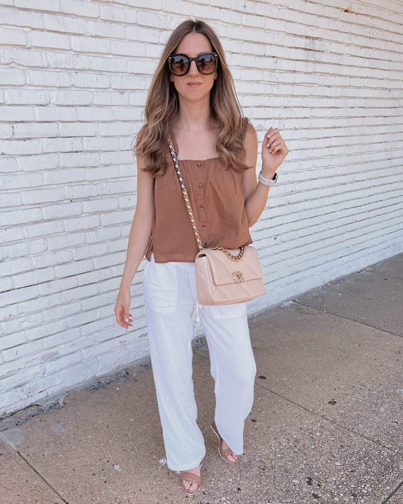 White Linen Blouse with Beige Wide Leg Pants